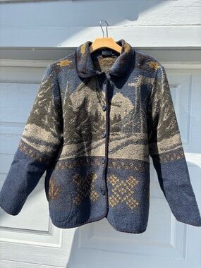 Sonoma Jean Co. Wool Blend Rustic Cabin Trees Mountain Blanket Coat Jacket Sz L